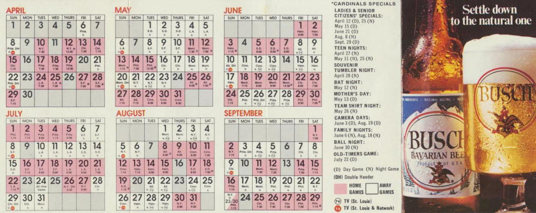 1973 St. Louis Cardinals Pocket Schedule - inside