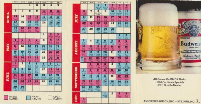 1980 St. Louis Cardinals Pocket Schedule