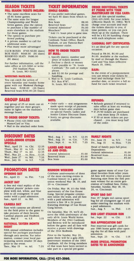 1984 St. Louis Cardinals Promotions and Specials