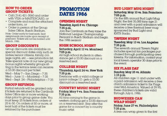 1986 St. Louis Cardinals Promotions and Schedule