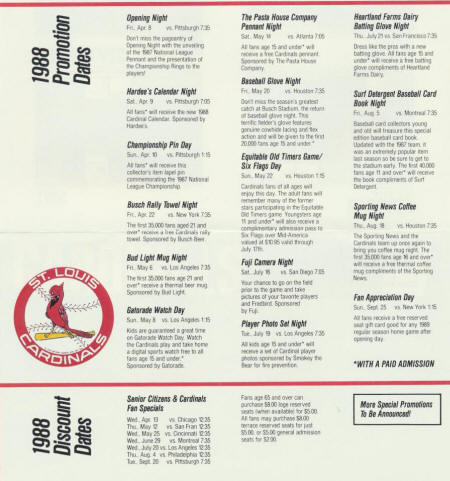 1988 St. Louis Cardinals Promotions and Specials